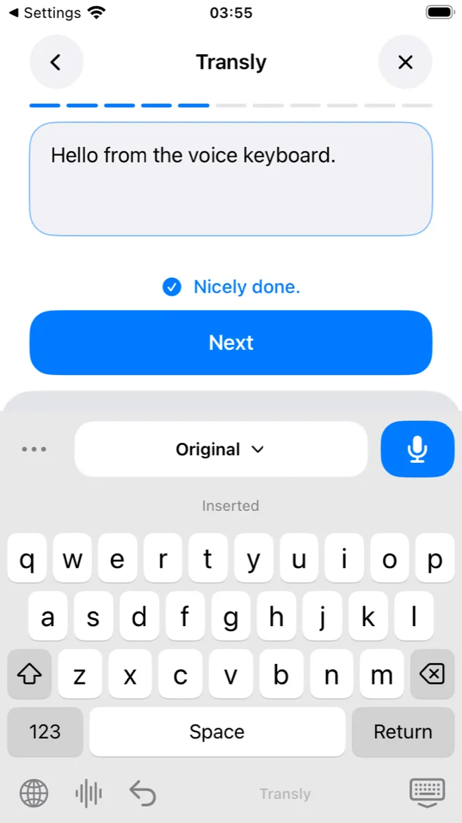 Transly keyboard inserting translated text